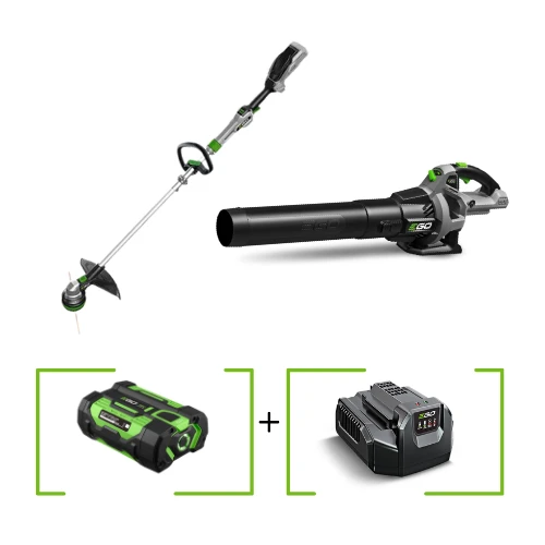 חרמש נטען עם מוט טלסקופי 35 ס";מ - Brushless 56V + מפוח עלים נטען + סוללה 2.5Ah + מטען EGO