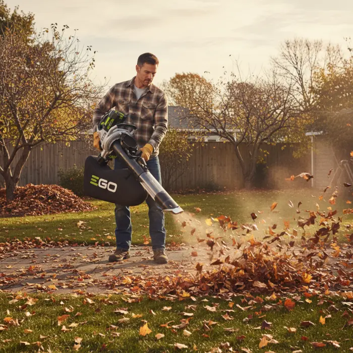 מפוח / שואב עלים/ גורס Brushless 56V נטען 3 ב-1 עם שק איסוף + סוללה 5.0Ah + מטען EGO